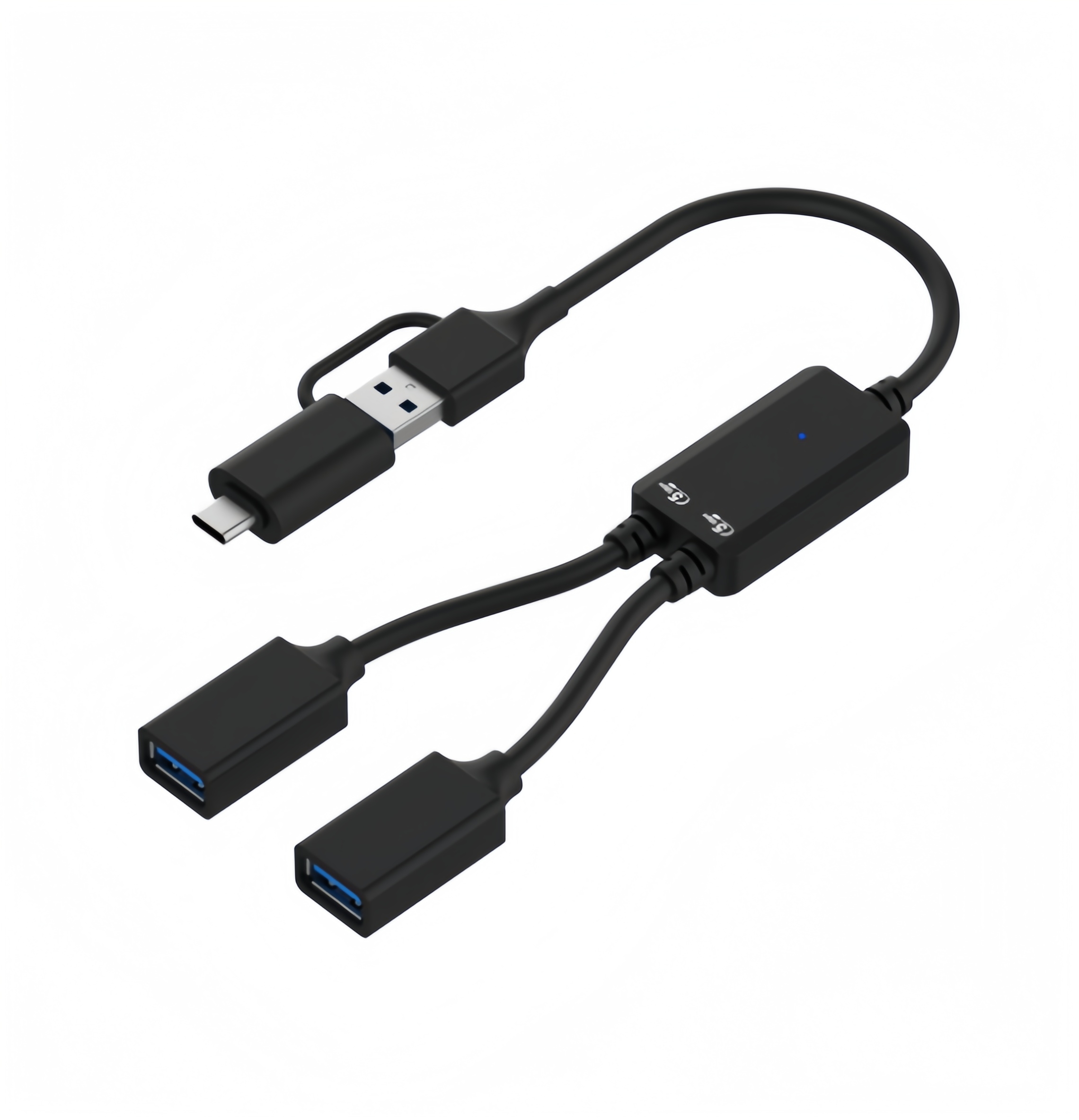 Flexible USB A/C to 2-Port USB3.0 Cable Hub, 5Gbps