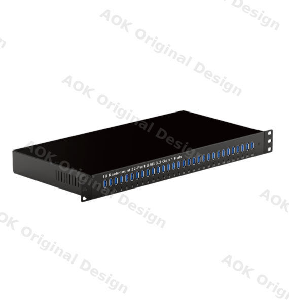 Industrial 32-Port USB 3.2 Gen 1 Rack Mount Hub for 1U Server, Built-in Power Supply